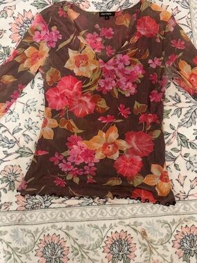therapy Brown Sheer Floral mid Sleeve Blouse with Pink & Orange Blooms